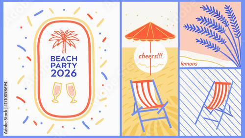 Beach party invitation design with palm tree and champagne glasses
