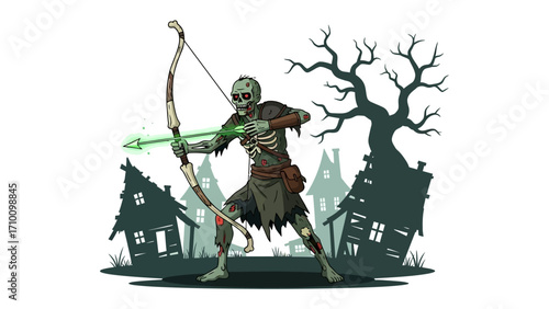 Zombie Archer in Spooky Landscape: A fearsome zombie archer takes aim with its glowing arrow in a haunted scene. Silhouette houses and gnarled tree add to the scene's haunting atmosphere.