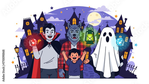 Spooky Gathering on Halloween Night: A chilling and enchanting Halloween illustration featuring various costumes in a festive setting, perfect for holiday-themed projects.