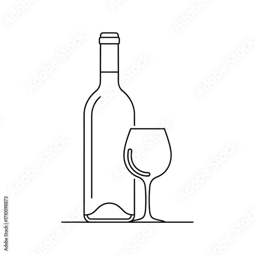 Vector art of elegant outline of a wine bottle and glass, conveying sophistication and celebration with minimalist design
