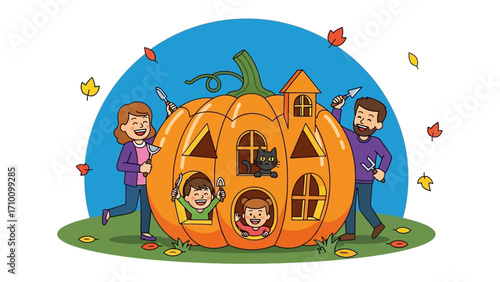 Pumpkin House Family: A heartwarming illustration captures a family gathered around a whimsical pumpkin house, carving smiles and cherishing the spirit of autumnal festivities. 