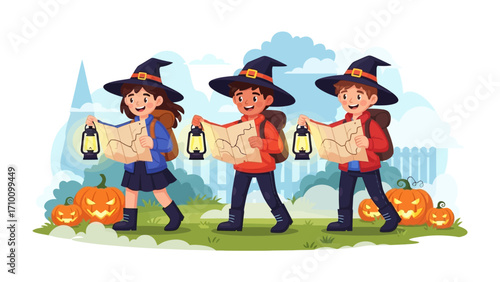 Halloween Map Adventure: Three young adventurers, clad in festive attire and armed with glowing lanterns and maps, navigate a whimsical Halloween landscape, the air alive with anticipation.