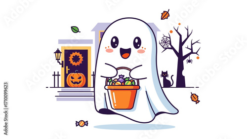 Halloween Ghostly Delight: An adorable ghost, adorned with a sheet, clutches a candy bucket, embodies the spirit of Halloween as it approaches a spooky haunted house.