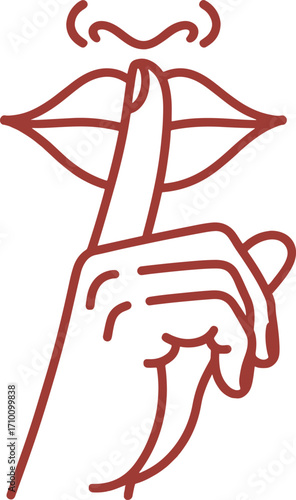 Minimalist line art red lips gesturing silence with finger on pale gray background