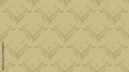 A repeating pattern of stylized whales and stars on a light brown background with a textured effect