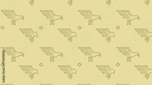 A seamless pattern featuring stylized eagles and small stars on a light yellowish beige background tone design