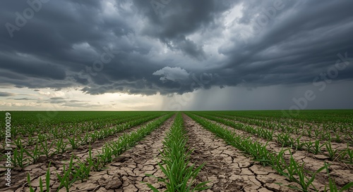 Green crop rows under dark stormy sky with rain falling agriculture field