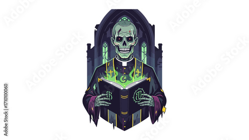 Spectral Sacrament: A chilling illustration features a skeletal figure, adorned in clerical attire, engrossed in a bewitched book within a gothic architectural setting.