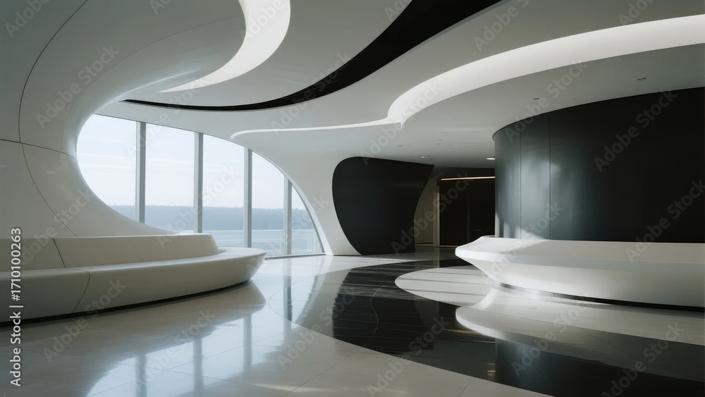 Fototapeta premium Modern interior with curved white and black architectural design, large windows overlooking water