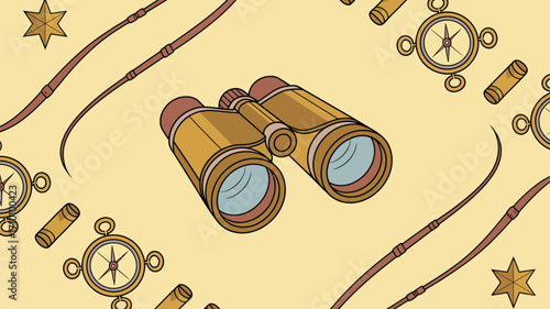 A seamless pattern of binoculars, compasses, spyglasses, stars, and straps on a light yellow background
