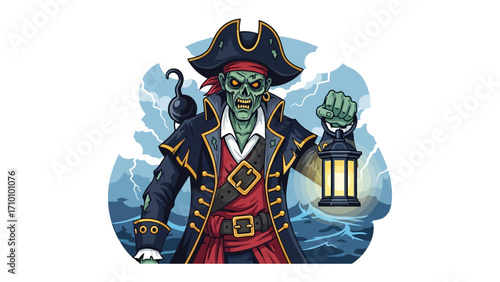 A Pirate's Spectral Voyage: An illustration of a zombie pirate, brandishing a lantern, navigates the stormy seas, a symbol of adventure and mystery