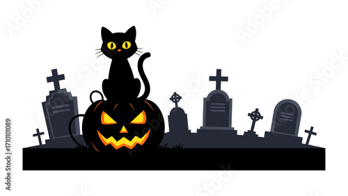 Spooky Silhouette: A mischievous black cat perched atop a grinning jack-o'-lantern surveys a shadowy graveyard, under a starlit night sky, evokes a sense of playful dread.