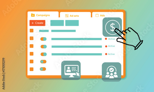Ads Manager dashboard illustration. Digital marketing campaign interface. Pay per click advertising platform vector.