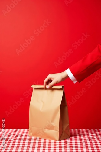 Minimal Brown Paper Bag on Red Background – Food Delivery and Takeout Concept