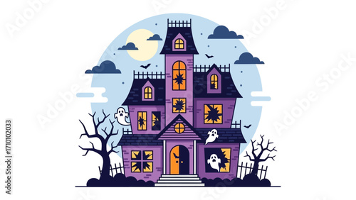 Spooky Manor at Midnight: This illustration depicts a haunting Victorian mansion on a moonlit night, adorned with ghostly apparitions and eerie details, perfect for Halloween themes.