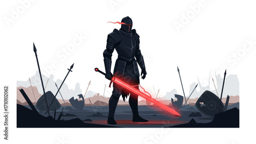 Warrior's Resolve: A lone warrior, armed with a radiant sword, stands defiantly amidst the remnants of a battlefield, embodying the strength and resolve of a true champion. 