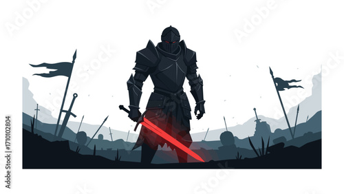 Enigmatic Warrior in the Dark Ages: A formidable warrior clad in black armor, stands defiant with a glowing red blade amidst a battlefield, an enigmatic figure in the fog of war.