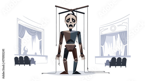 Puppet's silent performance: a marionette, hanging under control, stands under the stage's spotlights, the strings connecting to an overhead cross, with the stage as the backdrop.