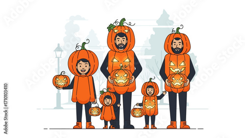 Halloween Pumpkin Family: A heartwarming illustration captures a family dressed in festive pumpkin costumes, holding jack-o'-lanterns, and ready to celebrate the Halloween spirit. A creative.