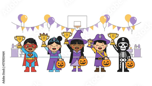 Halloween Champions: A festive array of children in vibrant costumes proudly hold their trophies, celebrating Halloween with glee.