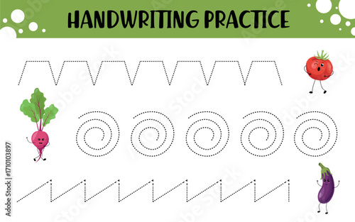 Handwriting practice worksheet for kids with dotted tracing lines featuring cute vegetable characters including beetroot, tomato, and eggplant