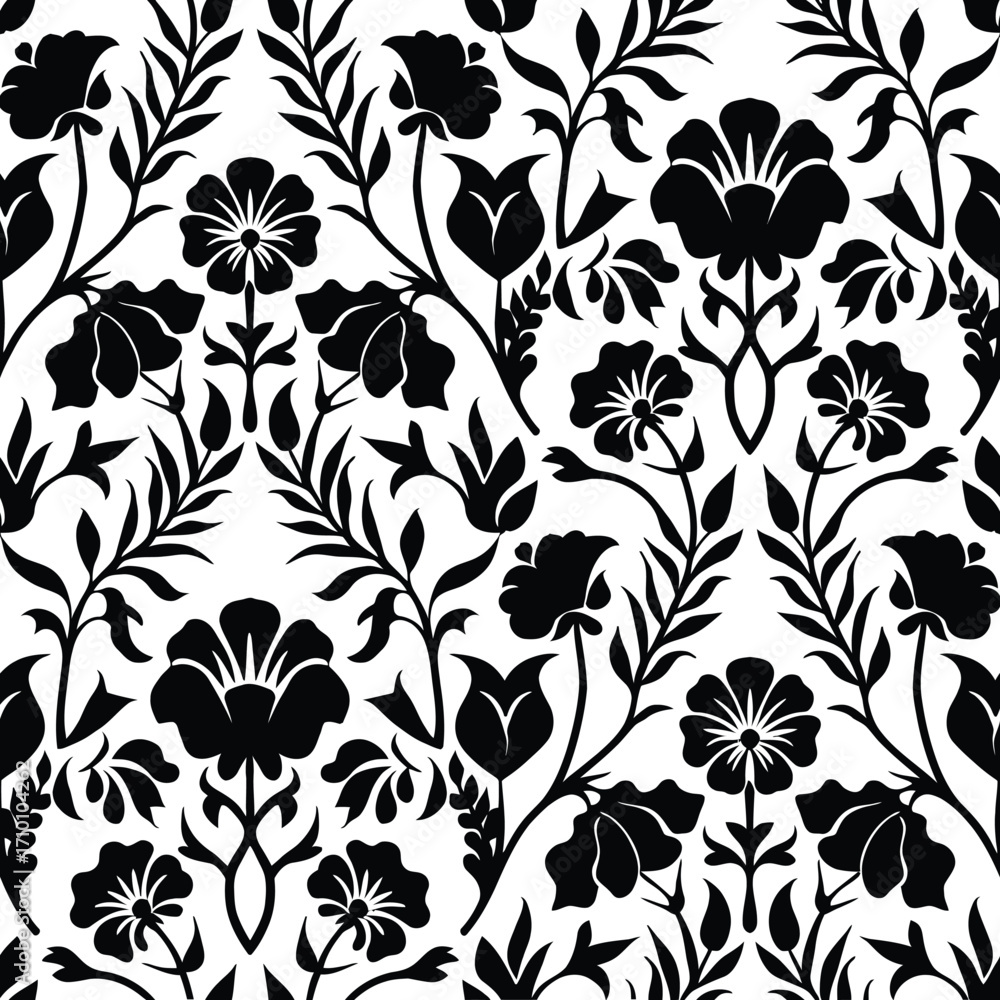 Fototapeta premium Seamless Black and White Floral Pattern Vector Design