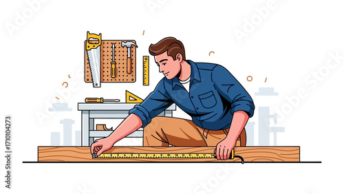 The Craftsman at Work: A skilled artisan meticulously measures a piece of wood with a measuring tape in a workshop setting, showcasing precision and expertise.