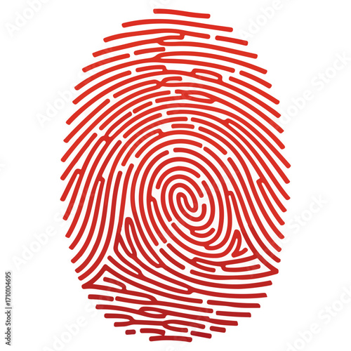 Red fingerprint illustration on white background for identification.