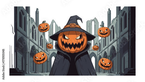 Halloween Pumpkin's Grand Presence: A wickedly illustrated pumpkin with a sinister grin, cloaked in a dark mantle and witch's hat, commands attention within a gothic setting.