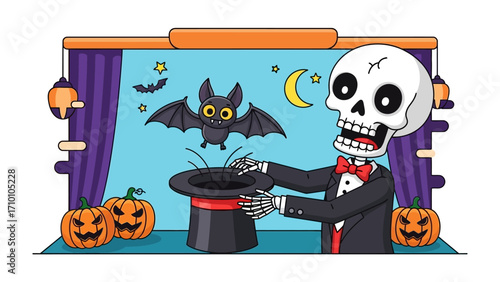 Halloween Skeleton Magician: A skeletal magician performs a bewitching spectacle on a Halloween night stage, with a top hat and bats dancing in the moonlight.