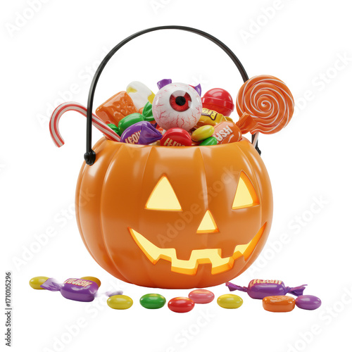 Pumpkin-shaped candy bucket with glowing jack-o-lantern, overflowing with colorful candy and an eerie eyeball, against a transparent background. Halloween concept.