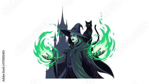 Mystical Witch with Cat: A bewitching witch with piercing eyes and a tall hat casts a magical spell, with emerald green flames swirling around her and her sleek black cat perched on her shoulder.