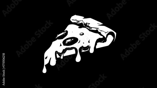 Pizza slice vector logo with melted cheese and dripping sauce on red background, flat cartoon style for branding, food packaging, or game art assets