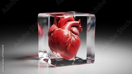 Realistic Heart Sculpture Encased in Transparent Ice Cube with Dramatic Lighting