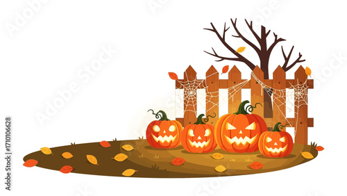 Spooky Pumpkins: A row of grinning pumpkins stands before a wooden fence and a leafless tree, leaves and spiderwebs in a festive Halloween scene.