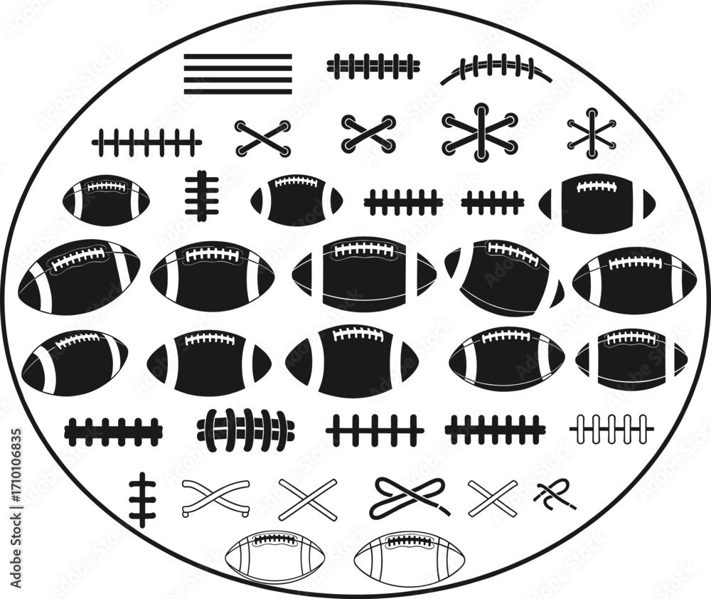 Fototapeta premium American football balls and stitching patterns collection, vector illustration, sports equipment icons, laces design, football shapes, game accessories.