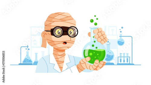 The Mummy Scientist: A whimsical illustration of a mummy engrossed in a chemistry experiment, holding a bubbling flask, embodying the fun and curiosity of scientific exploration.