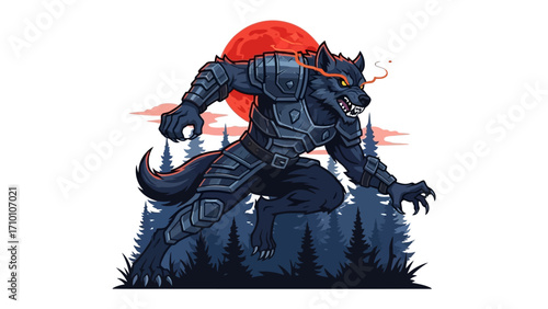 Werewolf in Armor: A fierce werewolf in intricately designed armor, set against a blood-red moon, running through a shadowed forest, capturing the essence of mythical power.