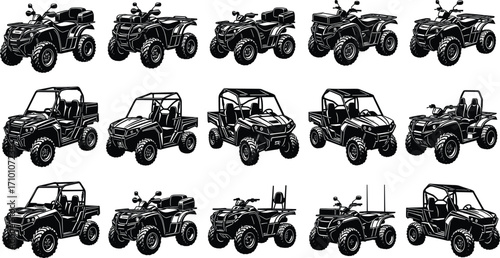 All-terrain vehicle silhouette set, quad bike and ATV collection, off-road utility vehicle vector icons, black illustration for adventure design.