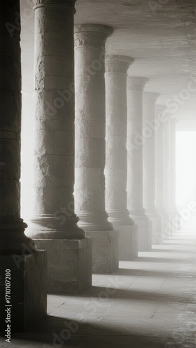 A row of stone columns in a colonnade  leading into a bright light at the end of a covered walkway.