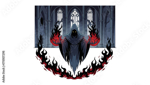 Eerie Spirit with Flames: An enigmatic spirit figure, cloaked in darkness, conjures ethereal flames. The artwork evokes a sense of mystery and foreboding. 