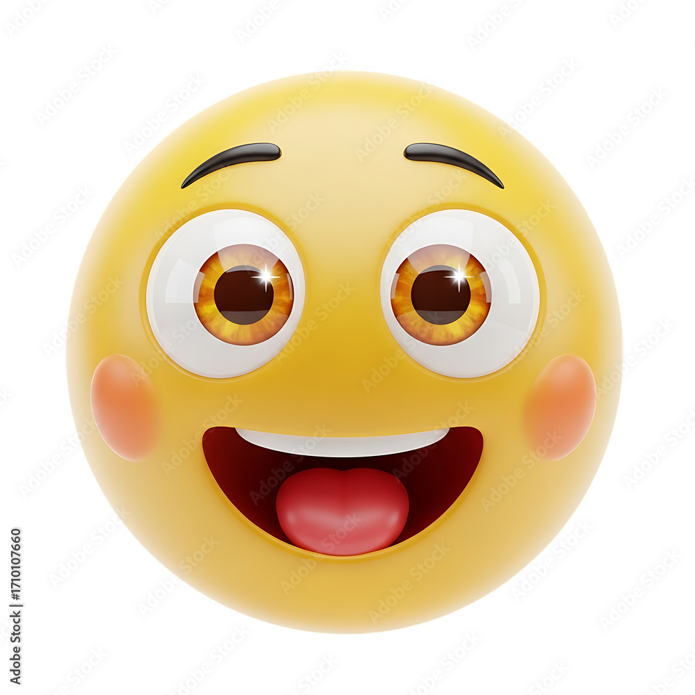 Fototapeta premium Excited yellow emoji face with wide eyes and open mouth isolated on transparent background