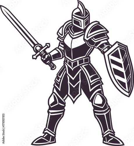 Illustration of a medieval knight in full armor holding a sword and shield