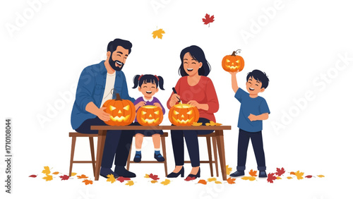 Family Carving Pumpkins: A family enjoys a happy moment, carving pumpkins, in a festive ambiance, getting ready for Halloween. The image evokes a sense of happiness and togetherness.
