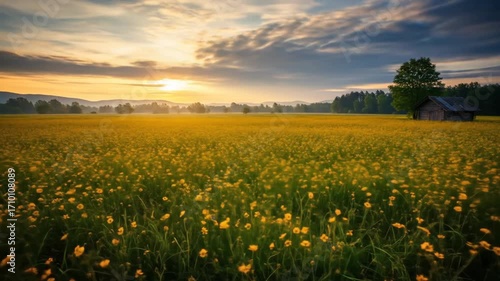 Sunset over blooming yellow flower field with small wooden barn at dusk