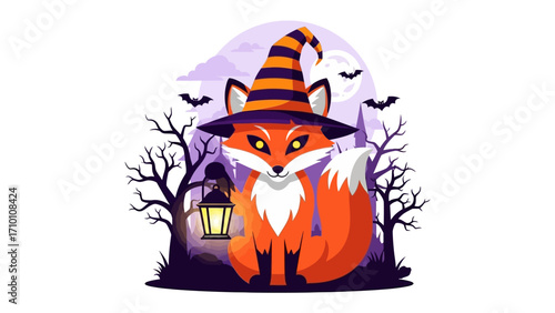 Halloween Fox with Lantern: A captivating illustration of a fox dressed for Halloween, complete with a pointed hat, clutching a lantern under a moonlit sky. Embrace the spooky atmosphere.