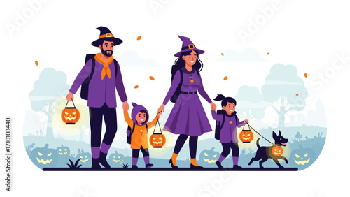 Halloween Family Outing: A family dressed in vibrant Halloween costumes, walking together and enjoying a festive autumn outing, full of Halloween themed imagery and cheerful celebration.