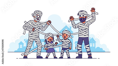 Mummy Family at Halloween: An illustrative portrayal of a family humorously enveloped in mummy bandages, creating a playful and lighthearted atmosphere perfect for the spooky season. 