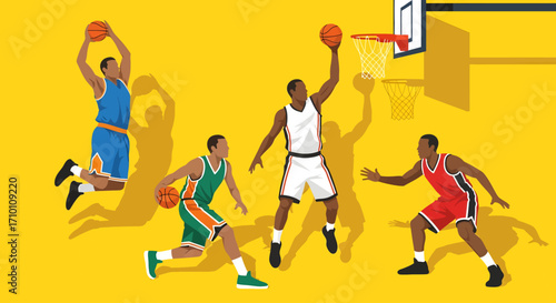 In a vibrant vector illustration, basketball players are captured in dynamic moments of dribbling, shooting, and dunking against a bold yellow background.