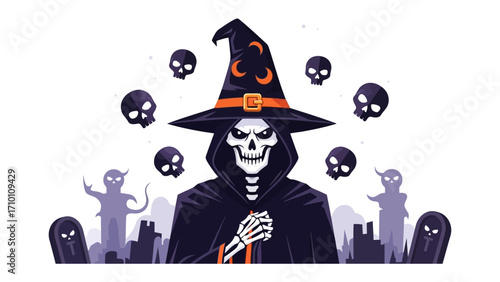 Mysterious Halloween Spellcaster: A spectral figure draped in a hooded robe stands surrounded by floating skulls and silhouetted spirits. It's an eerie.